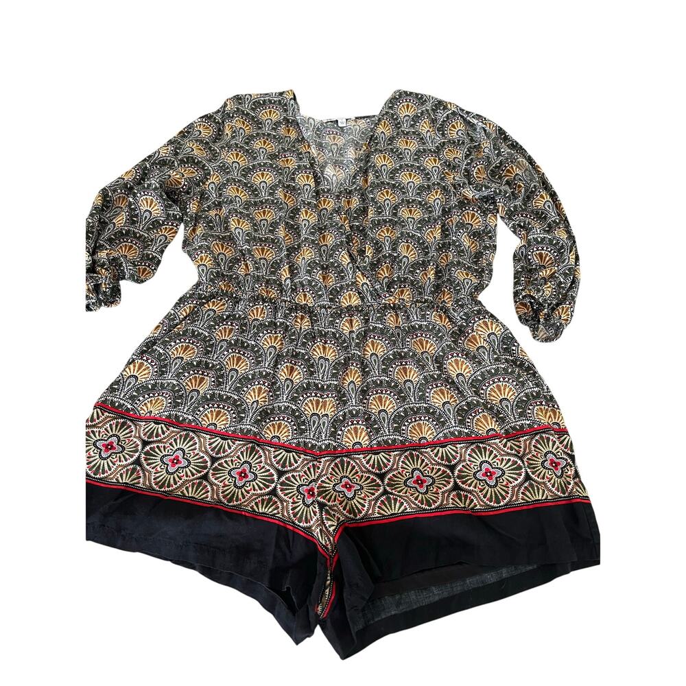 DR2 Green Print Romper Woman Size Large Boho Festival Casual